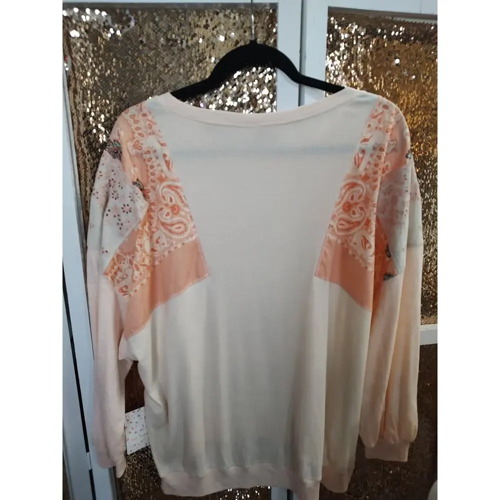 We the Free Feelin It Tee in Peach Floral Embroidered Size Small Oversized